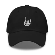 Load image into Gallery viewer, Black Baseball cap, classic visor shape. Image Design: "Rock On" skeleton hand gesture on the front. Front center view.