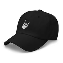 Load image into Gallery viewer, Black Baseball cap, classic visor shape. Image Design: "Rock On" skeleton hand gesture on the front. Left side view.