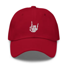 Load image into Gallery viewer, Cranberry Red Baseball cap, classic visor shape. Image Design: "Rock On" skeleton hand gesture on the front. Front center view.