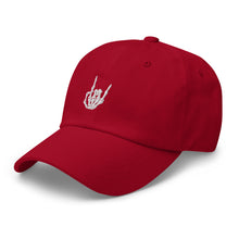 Load image into Gallery viewer, Cranberry Red Baseball cap, classic visor shape. Image Design: "Rock On" skeleton hand gesture on the front. Left side view.