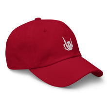 Load image into Gallery viewer, Cranberry Red Baseball cap, classic visor shape. Image Design: "Rock On" skeleton hand gesture on the front. Right side view.