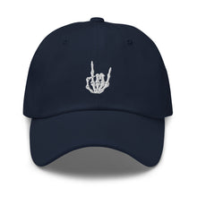 Load image into Gallery viewer, Navy Blue Baseball cap, classic visor shape. Image Design: "Rock On" skeleton hand gesture on the front. Front center view.