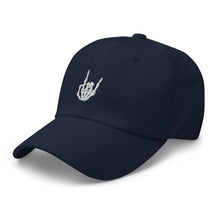 Load image into Gallery viewer, Navy Blue Baseball cap, classic visor shape. Image Design: "Rock On" skeleton hand gesture on the front. Left side view.