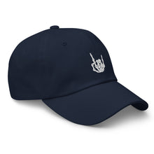Load image into Gallery viewer, Navy Blue Baseball cap, classic visor shape. Image Design: "Rock On" skeleton hand gesture on the front. Right side view.