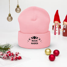 Load image into Gallery viewer, cuffed beanie baby pink, with image phrase "Moon Maiden," and image graphic of moon phases. background: winter themed, Christmas gifts.