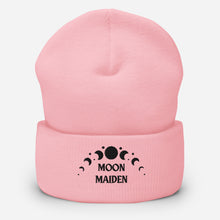 Load image into Gallery viewer, cuffed beanie baby pink, with image phrase "Moon Maiden," and image graphic of moon phases. background: winter themed, Christmas gifts.