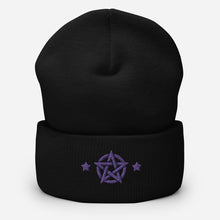 Load image into Gallery viewer, cuffed beanie black, with image design of purple pentacle and stars. background: winter themed, Christmas gifts.