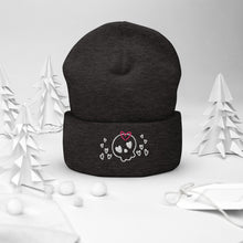 Load image into Gallery viewer, beanie dark grey, with image design of a cartoonish cute skull with heart eyes, a heart bow, and stars. Front view.