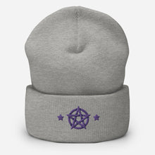Load image into Gallery viewer, cuffed beanie heather grey, with image design of purple pentacle and stars. background: winter themed, Christmas gifts.