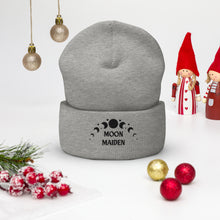 Load image into Gallery viewer, cuffed beanie heather grey , with image phrase "Moon Maiden," and image graphic of moon phases. background: winter themed, Christmas gifts.