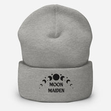 Load image into Gallery viewer, cuffed beanie heather grey, with image phrase "Moon Maiden," and image graphic of moon phases. background: winter themed, Christmas gifts.