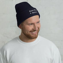 Load image into Gallery viewer, man wearing cuffed beanie navy blue, with image phrase "Pagan Lives Matter." winter , Christmas gifts.