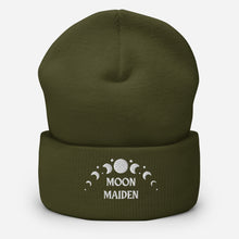 Load image into Gallery viewer, cuffed beanie olive green, with image phrase "Moon Maiden," and image graphic of moon phases. background: winter themed, Christmas gifts.
