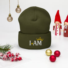 Load image into Gallery viewer, cuffed beanie olive green, with image phrase "I AM," with image of a crown over the word AM. background: winter themed, Christmas gifts.