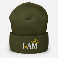 Load image into Gallery viewer, cuffed beanie olive green, with image phrase "I AM," with image of a crown over the word AM. background: winter themed, Christmas gifts.
