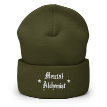 Load image into Gallery viewer, cuffed beanie olive green, with image phrase "Mental Alchemist." background: winter themed, Christmas gifts.