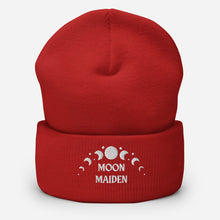 Load image into Gallery viewer, cuffed beanie red, with image phrase "Moon Maiden," and image graphic of moon phases. background: winter themed, Christmas gifts.