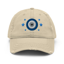 Load image into Gallery viewer, distressed hat cap khaki, with image graphic of blue eye of protection/evil eye/third eye, and stars. Front view.