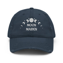 Load image into Gallery viewer, distressed baseball cap navy blue, with image phrase "Moon Maiden," and image graphic of moon phases. background: Christmas gifts.