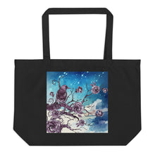 Load image into Gallery viewer, Large black tote bag, certified organic. Image design: Design: Watercolor raven and roses, with a light blue and white watercolor background and shooting stars print behind the image