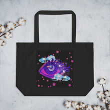 Load image into Gallery viewer, large black tote bag, certified organic, tote bag, dreamy eye with a crescent moon in the iris, surrounded by soft, whimsical clouds, pink and purple stars, orange highlights.
