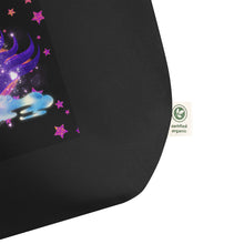 Load image into Gallery viewer, close up image of large black tote bag, showing tag certified organic, tote bag, dreamy eye with a crescent moon in the iris, surrounded by soft, whimsical clouds, pink and purple stars, orange highlights.