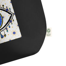 Load image into Gallery viewer, close up image of tag showing certified organic. large black colored tote bag with image of eye of protection/evil eye, colors of golden yellow, blue, light blue, third eye, eye, celestial stars. certified organic, cotton.