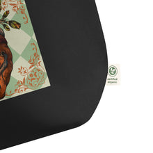 Load image into Gallery viewer, close up of tag, showing certified organic, large black tote bag, certified organic. Image design: Red illustrated heart with vines and rose, wavy green checkered print background behind the image