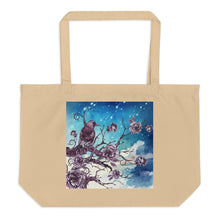 Load image into Gallery viewer, Large oyster colored tote bag, certified organic. Image design: Design: Watercolor raven and roses, with a light blue and white watercolor background and shooting stars print behind the image