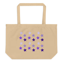 Load image into Gallery viewer, Large oyster colored tote bag, certified organic, features rows of purple stars, with each row darker than the one above it, creating a striking gradient effect. 4 shades of purple.