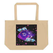 Load image into Gallery viewer, Large oyster beige tote bag, certified organic, tote bag, dreamy eye with a crescent moon in the iris, surrounded by soft, whimsical clouds, pink and purple stars, orange highlights.