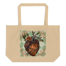 Load image into Gallery viewer, large oyster colored tote bag, certified organic. Image design: Red illustrated heart with vines and rose, wavy green checkered print background behind the image