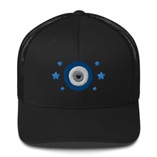 Load image into Gallery viewer, retro trucker hat/cap black, with image design of blue eye of protection/evil eye/third eye, with stars. Front view.