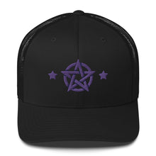Load image into Gallery viewer, retro trucker hat/cap black , with image design of purple pentacle and stars. Front view.