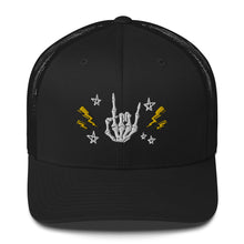 Load image into Gallery viewer, retro trucker hat/cap black, with image design of rock on skeleton hand, pentagram stars, lightning symbols. Front view.