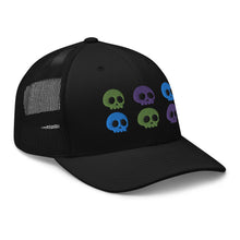 Load image into Gallery viewer, retro trucker hat black , with image design of 6 purple, green, and blue skulls, 2 of each color, in two rows. side view.
