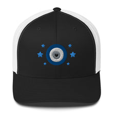 Load image into Gallery viewer, retro trucker hat/cap black white , with image design of blue eye of protection/evil eye/third eye, with stars. Front view.
