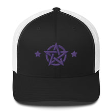 Load image into Gallery viewer, retro trucker hat/cap black white, with image design of purple pentacle and stars. Front view.