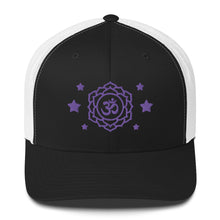 Load image into Gallery viewer, retro trucker hat black white , with image design of purple third eye chakra symbol, and stars. Front view.