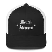 Load image into Gallery viewer, retro trucker hat black white, with image phrase: "Mental Alchemist." Front view.