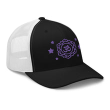 Load image into Gallery viewer, retro trucker hat black white , with image design of purple third eye chakra symbol, and stars. Side view.