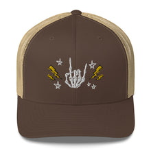 Load image into Gallery viewer, retro trucker hat/cap brown khaki, with image design of rock on skeleton hand, pentagram stars, lightning symbols. Front view.