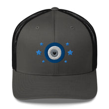 Load image into Gallery viewer, retro trucker hat/cap charcoal grey black, with image design of blue eye of protection/evil eye/third eye, with stars. Front view.