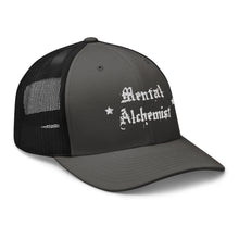 Load image into Gallery viewer, retro trucker hat charcoal grey black, with image phrase: "Mental Alchemist." side view.