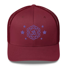 Load image into Gallery viewer, retro trucker hat cranberry red, with image design of purple third eye chakra symbol, and stars. Front view.