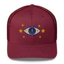 Load image into Gallery viewer, retro trucker hat cranberry red, with image graphic: purple eye of protection/evil eye, with yellow stars. Front view.