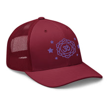 Load image into Gallery viewer, retro trucker hat cranberry red, with image design of purple third eye chakra symbol, and stars. Side view.