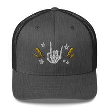 Load image into Gallery viewer, retro trucker hat/cap dark grey heather , with image design of rock on skeleton hand, pentagram stars, lightning symbols. Front view.