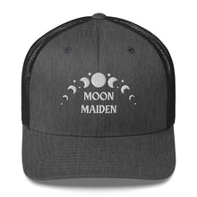 Load image into Gallery viewer, retro trucker hat/cap dark grey heather, with image phrase "Moon Maiden," with moon phases. Front view.