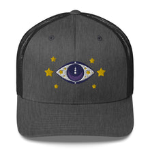 Load image into Gallery viewer, retro trucker hat dark grey heather, with image graphic: purple eye of protection/evil eye, with yellow stars. Front view.